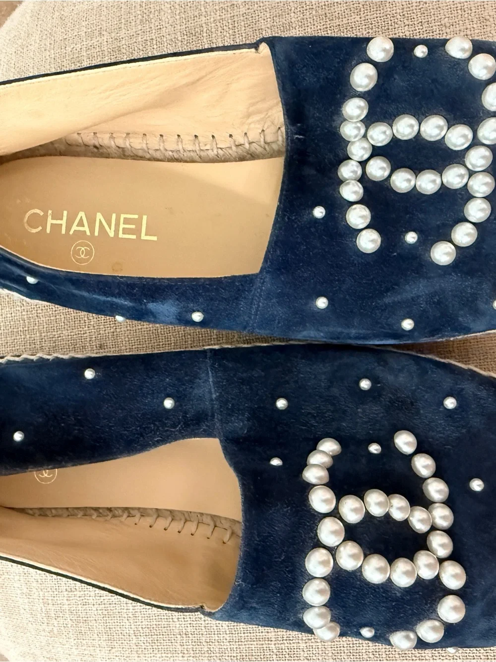 CHANEL Navy Blue Velvet Espadrilles with Pearl CC Logo
